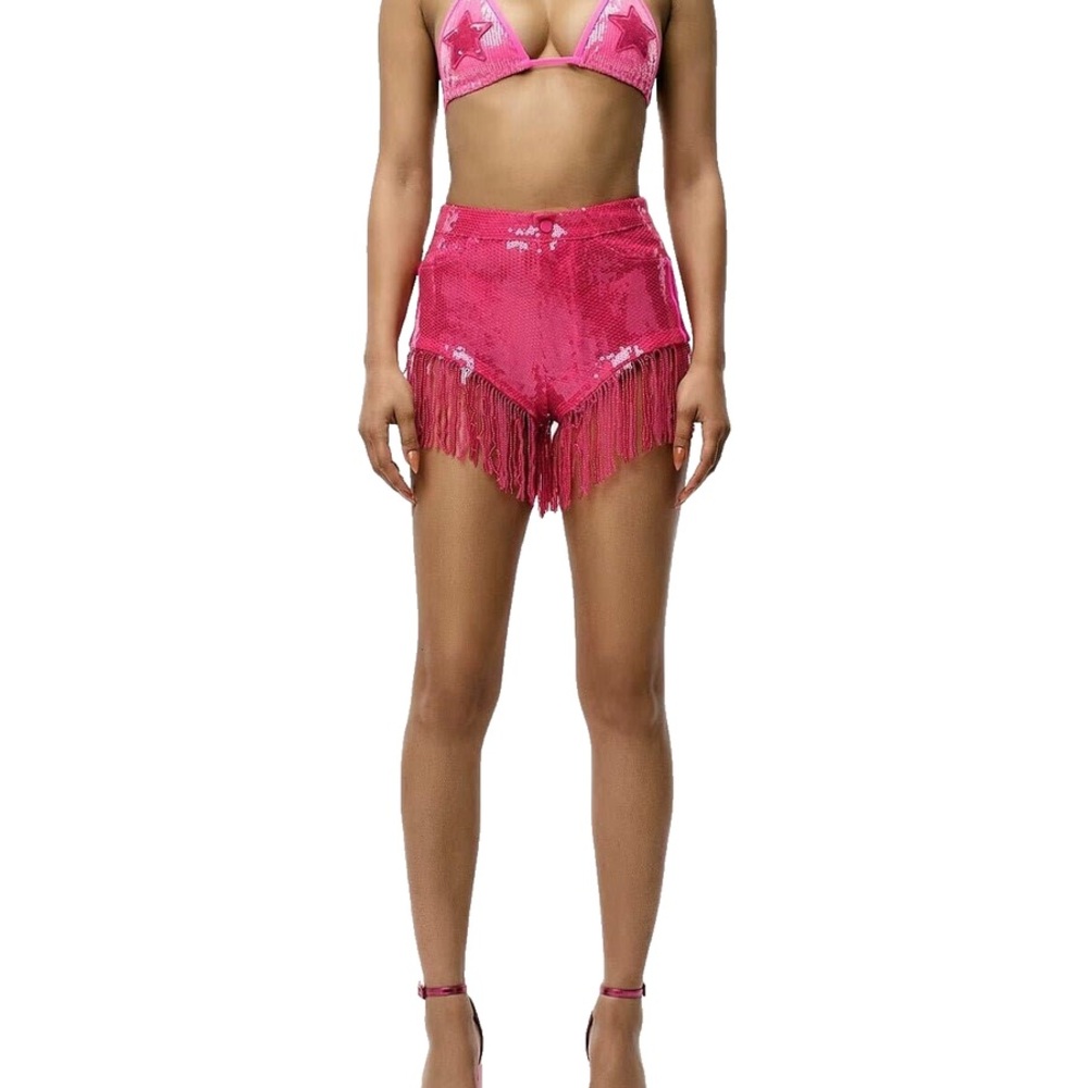 NWOT Adidas x IVY PARK Triple Pink Sequin Shorts with Fringe, size S - Picture 3 of 8